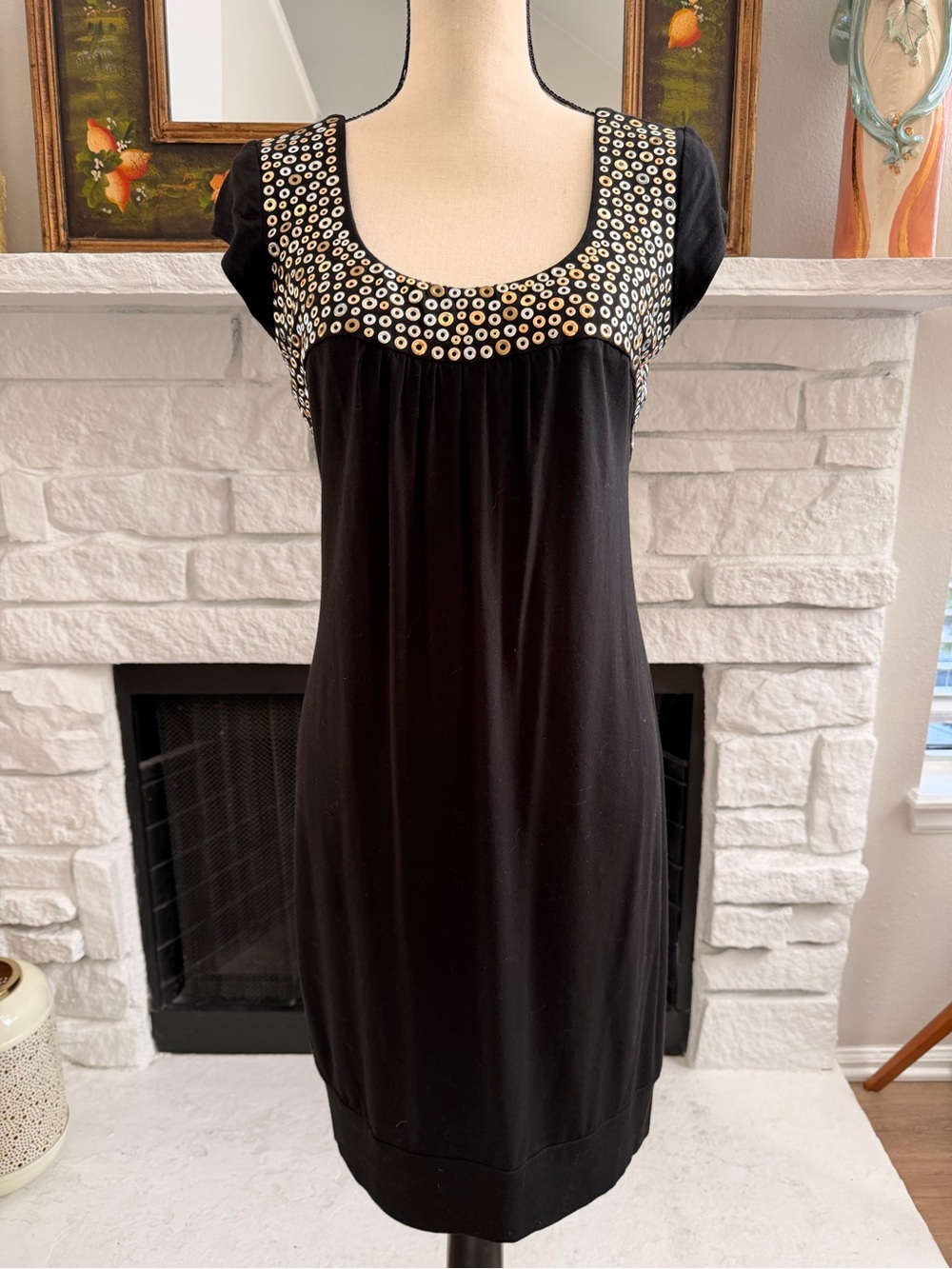 Cache Black Grommet Dress Y2K Mixed Metal Stretch Size M